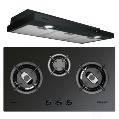 Aerogaz STANDARD HOB & HOOD PACKAGE AZ-9200 + AZ-388F (BLACK TEMPERED GLASS) NANO FROSTED GLASS TOP